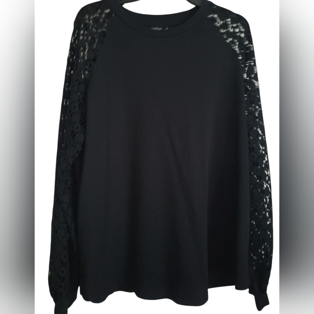 Cruel Denim Black Ribbed Top With Lace Sleeve Sz XXL - Picture 1 of 2